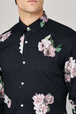 Black Long Sleeve Floral Printed Shirt